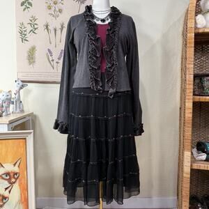 Y2k Velvet Ruffle Cardigan Sweater Gloomy Coquette Whimsigoth Romantic Goth L
